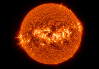Glowing Orange Sun with Coronal Activity and Prominences, Science Concept