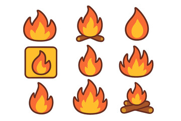 Fire icons vector set collection. Flat cartoon flame and bonfire illustration. Simple campfire, flammable warning symbol. Hot burn blaze element for graphic design isolated.