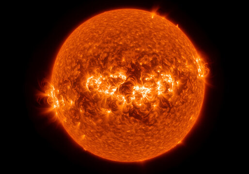 Glowing Orange Sun with Coronal Activity and Prominences, Science Concept