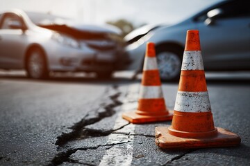 Two orange traffic cones placed on cracked asphalt near damaged cars after a collision, concept for road safety awareness, accident insurance claims and traffic management initiatives