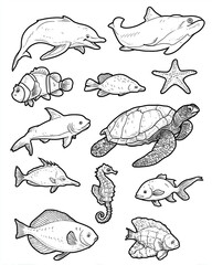 Kolorowanki dla dzieci – Zwierzęta morskie: delfin, żółw, rekin, krab, meduza i inne stworzenia oceanu do druku