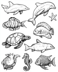 Kolorowanki dla dzieci – Zwierzęta morskie: delfin, żółw, rekin, krab, meduza i inne stworzenia oceanu do druku