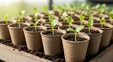 Young Seedlings Growing in Biodegradable Pots Ready for Planting.