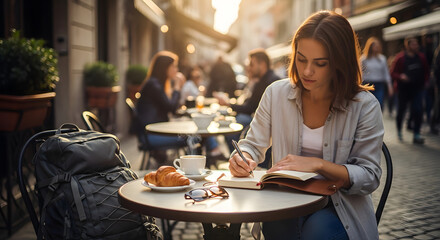 Young female traveler journaling her European adventures while sitting at a sidewalk cafe with coffee during a beautiful golden hour