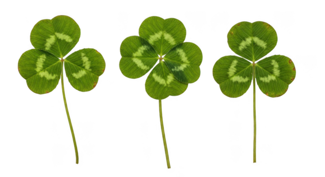 Three vibrant green clover leaves with delicate white veins isolated on transparent background
