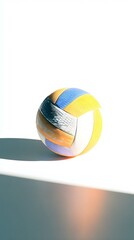 A colorful yellow blue and white volleyball in bright sunlight.