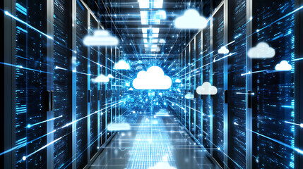 Digital server room with cloud computing imagery and glowing data streams