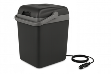 Portable electric cooler featuring gray handle, black cord, sitting on clear background, ideal for camping and road trips