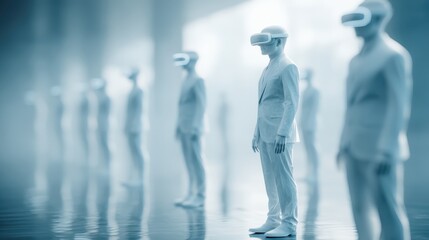 Futuristic businesspeople wearing virtual reality headsets in a minimalistic, reflective environment.