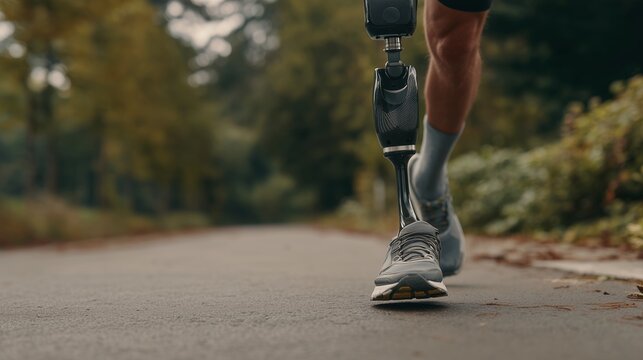 Close-up of a man with prosthetic leg jogging outdoors in the autumn landscape, concept for fitness motivation, sports and rehabilitation and adaptive technology advertisement