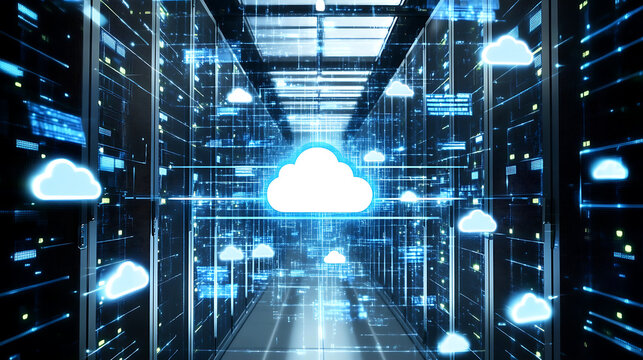 Digital cloud network in a server data center with glowing blue lights and interconnected servers - Powered by Adobe