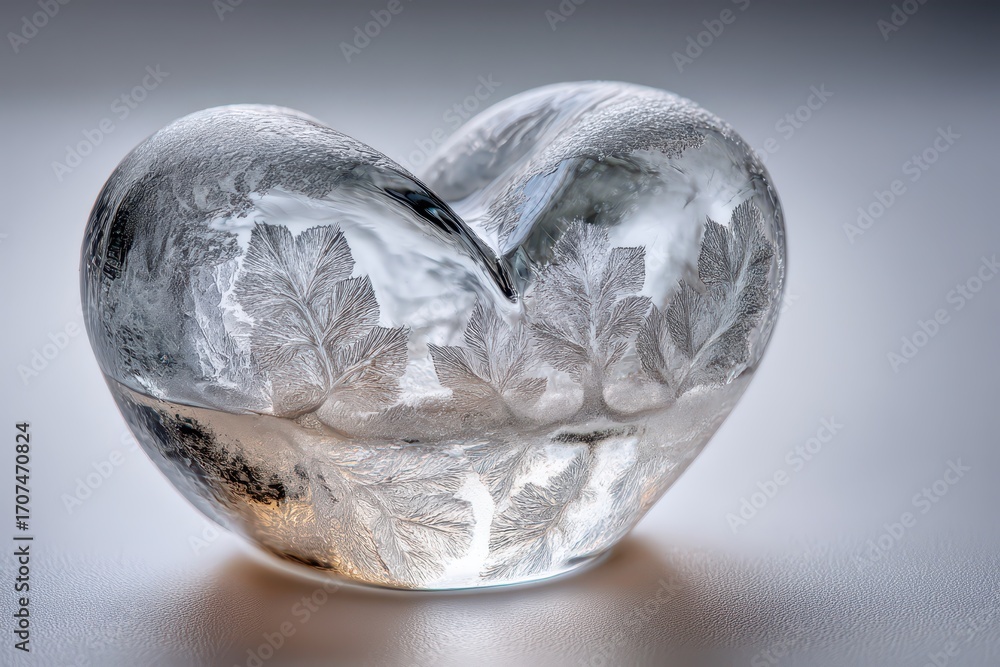 Poster heart-shaped ice with delicate frost patterns isolated on transparent background
