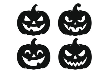 Set of black pumpkin silhouettes for Halloween. Jack o lantern face vector icons collection. Spooky, scary and funny evil smile emotion for holiday decoration design.