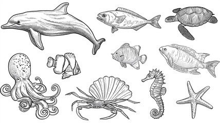 Kolorowanki dla dzieci – Zwierzęta morskie: delfin, żółw, rekin, krab, meduza i inne stworzenia oceanu do druku