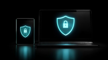 Tablet and laptop displaying glowing shield icons on a dark background, concept for data protection, network security and privacy awareness campaign