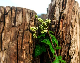 Small flowers emerge from a weathered tree stump
