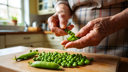Elderly Hands Shelling Fresh Green Peas onto a Wooden Cutting Board in a Kitchen Keywords: elderly, hands, senior, woman, hands shelling peas, shelling, fresh, green, vegetables, produce, food