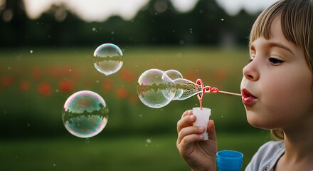 Boy blowing soap bubbles outdoors in the park during daytime with a blurred green background and cloudy sky, capturing a moment of childhood play and outdoor fun