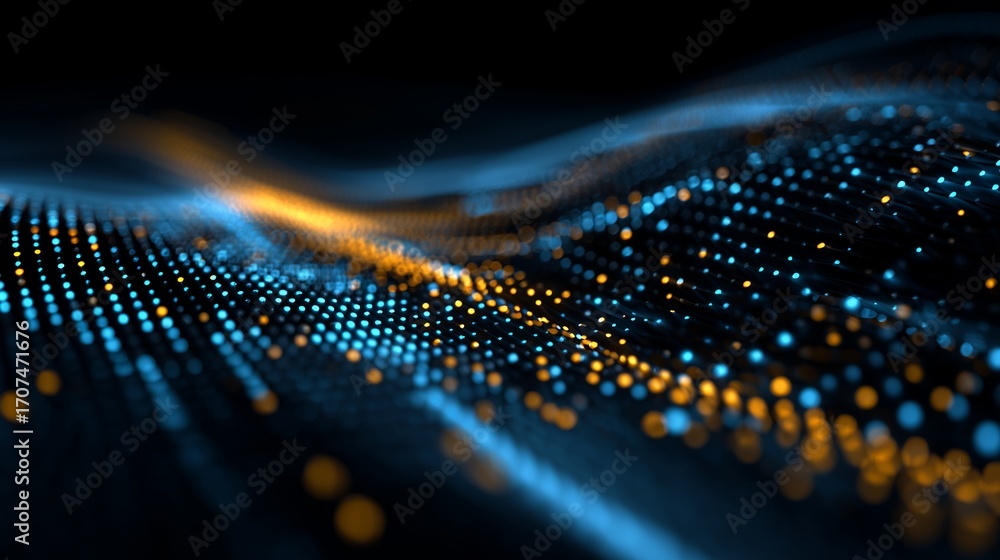 Poster abstract glowing dots form a digital wave pattern with blue and gold lights, concept for data visual
