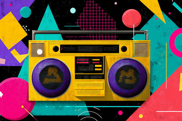 Colorful Retro Boombox with Abstract Geometric Background