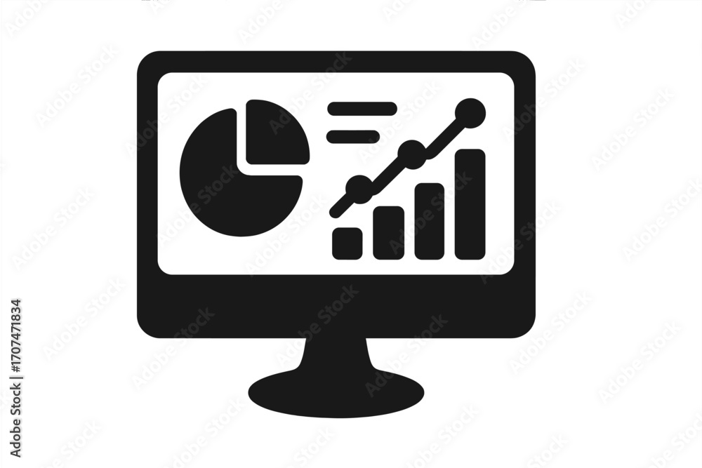 Poster business analytics dashboard on computer monitor. financial statistics report with graph, pie chart.