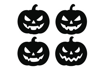 Set of black pumpkin silhouettes. Jack o'lantern scary evil faces for Halloween. Spooky monster decoration icons. Vector graphic illustration collection on white background.