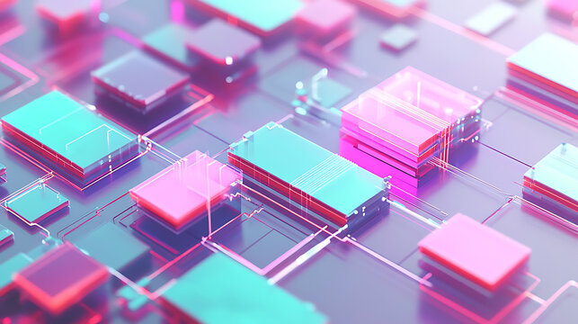 Abstract digital circuit board with glowing pink and teal components connected by illuminated pathways - Powered by Adobe