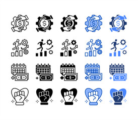 Compensation, Pay day, Productivity, Empowerment, multiple style icon set.