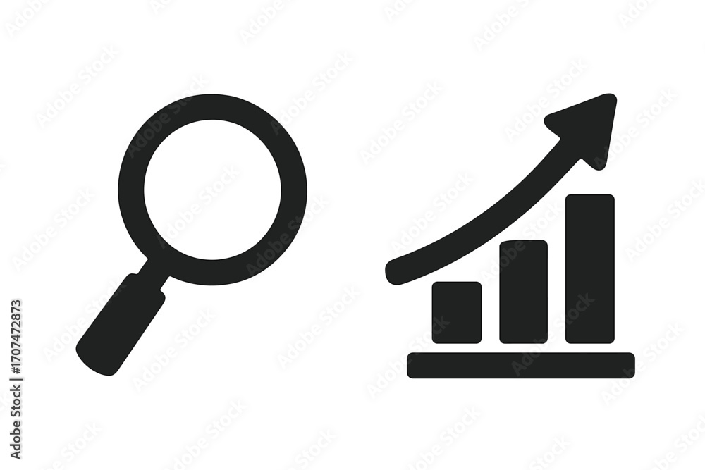 Poster business growth analysis icon set. magnifying glass for research and data analytics. bar chart graph