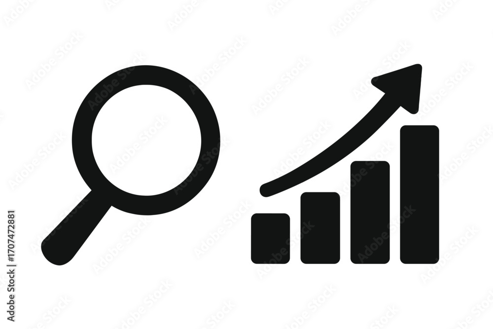 Poster growth analysis icon set. magnifying glass and bar chart with arrow up. business success and progres