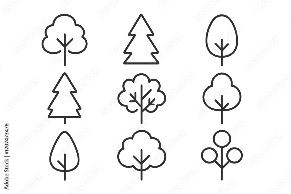 Poster tree icon vector set. collection of minimalist line art tree symbols. simple outline illustration fo