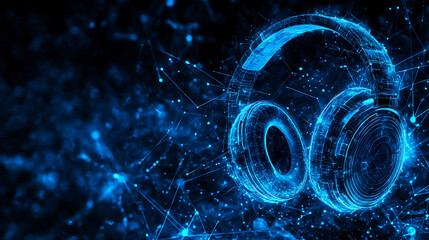 Digital blueprint of headphones with glowing blue network connections in a futuristic space