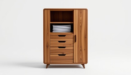 eco conscious sustainable filing cabinet crafted with sleek geometric styling, designed for endless reuse, isolated visualization on pure white.