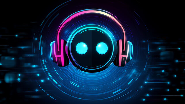 Neon glowing headphones with futuristic design and digital circular patterns on a dark background - Powered by Adobe