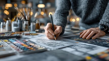 An artist is sketching detailed architectural drawings with pencils and watercolor paints on a work desk filled with brushes and art supplies.