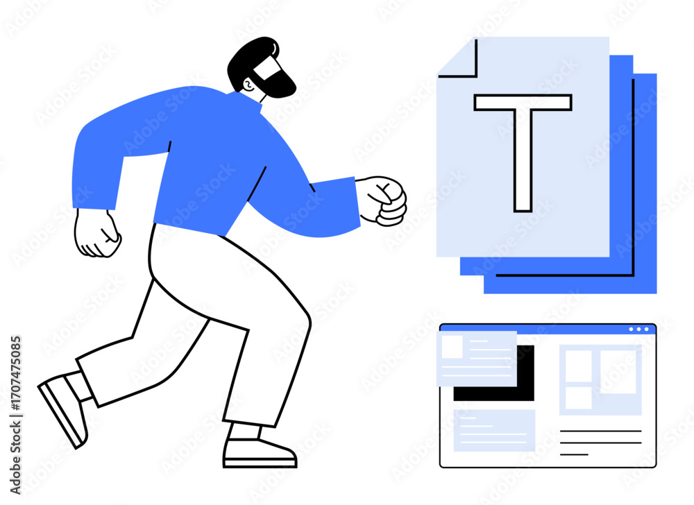 Poster person in motion heading towards documents and a browser window metaphorizing data organization, eff