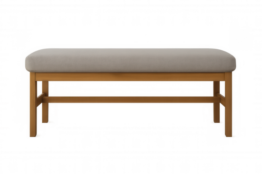 Comfortable and stylish wooden bench with beige fabric upholstery, ideal for modern interior design projects