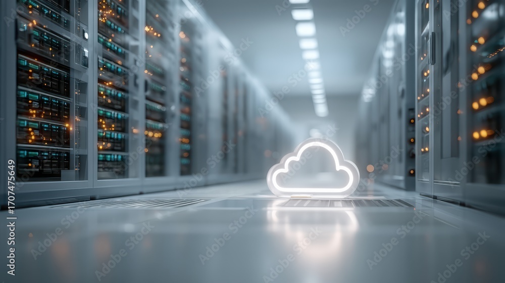 Fototapete a glowing cloud icon sits on the floor between rows of high-tech server racks in a modern data cente
