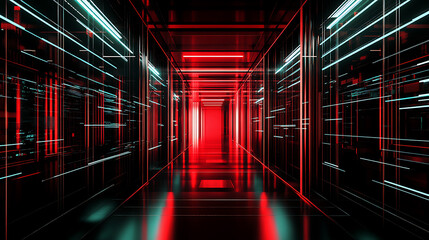 Futuristic corridor with red and blue neon lights in a high-tech data center environment