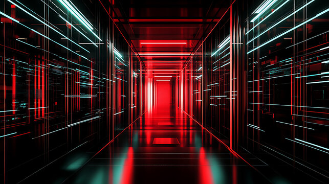 Futuristic corridor with red and blue neon lights in a high-tech data center environment - Powered by Adobe