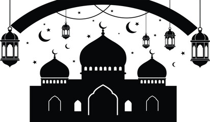 mosque, dome, lantern, crescent, moon, star, silhouette, Islamic, Ramadan, Eid, worship, holy, vector, black, white, architecture, festival, faith, spiritual, design