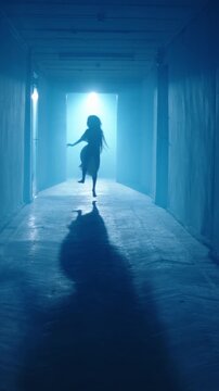 Creepy girl Halloween horror cosplay slow motion jumps dirty nightgown messy hair haunted corridor flickering ceiling lamp spooky atmosphere frightening eerie cinematic ghostly child