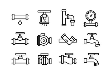 Commercial Plumbing Icons. Outline icon set of Commercial plumbing systems: water main, fire sprinkler,