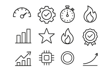 Performance Analytics Icons. Outline icon set of performance analytics: speedometer, efficiency gear,
