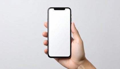 Hand holding a modern smartphone with a blank white screen against a plain backdrop, showcasing device and user interaction concept