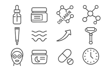 Anti-Aging Skincare Icons. Outline icon set of anti-aging skincare: serum bottle, retinol jar, collagen icon,
