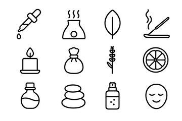 Aromatherapy Icon Set. Outline icon set of aromatherapy skincare: essential oil dropper, aroma diffuser,