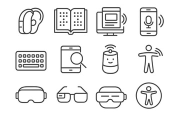 Assistive Technology Icons. Outline icon set of assistive technology: hearing aid, braille book, screen reader