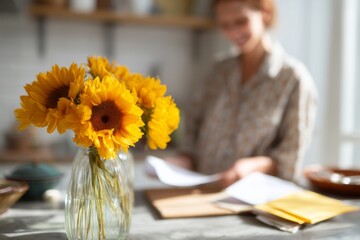 A bright work table with sunflowers in a glass vase. A person arranging papers with a gentle smile. The mood feels cheerful and relaxed, Generative AI 