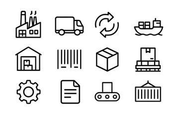 Supply Chain Icons. Outline icon set of supply chain: factory, truck, cargo ship, warehouse, arrows, barcode,